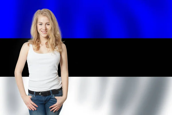 Estonia Ragazza Felice Sullo Sfondo Bandiera Estone — Foto Stock