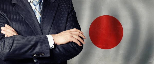 Mãos Masculinas Contra Fundo Bandeira Japonesa Negócios Política Educação Japão — Fotografia de Stock