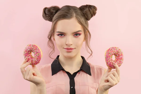 Happy Young Woman Donut Sweet Funny Portrait — Stock Photo, Image