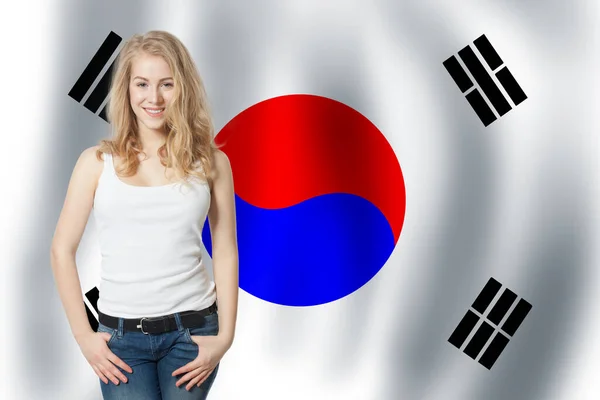 Koncepcja Republiki Korei Podróż Korei Południowej Cute Dziewczyna Wirh Flaga — Zdjęcie stockowe
