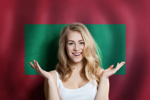 Maldives Concept Happy Surprised Cute Girl Flag Background Travel Education — Stock Photo, Image