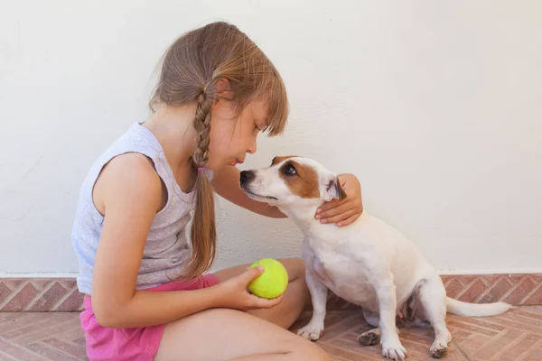 Cute Child Girl Puppy Playing Yellow Ball Together — Stock Photo, Image