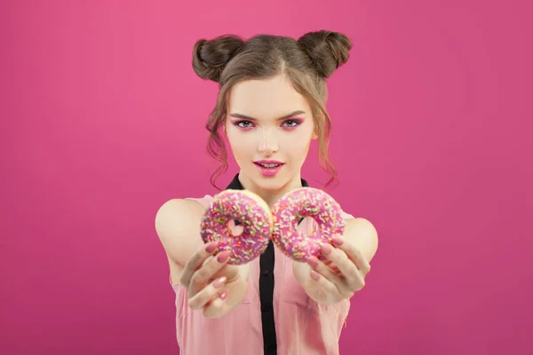 Nice Woman Donuts Vivid Yellow Background Diet Concept — Stock Photo, Image