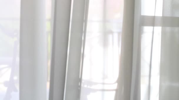 Wind Blowing White Sheer Curtain Balcon — Stock Video