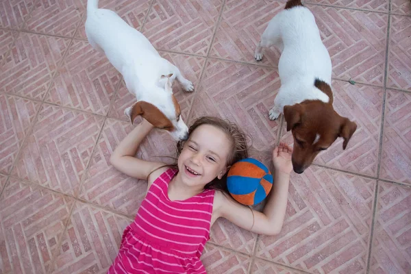 快乐兴奋的孩子和狗一起玩球 — 图库照片