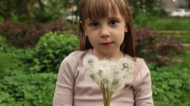 かわいいです女の子吹いてAタンポポ外で公園 — ストック動画