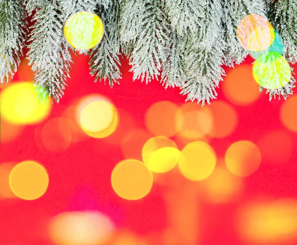 Ghirlanda Abete Invernale Sfondo Rosso Natale Bokeh — Foto Stock