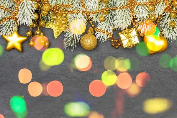 Natal Fundo Preto Com Decoração Dourada Luz Bokeh Colorido Bonita — Fotografia de Stock