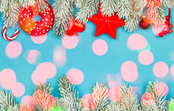 Blue Christmas Border Composition Colorful Bokeh Light Red Xmas Decorations — Stock Photo, Image