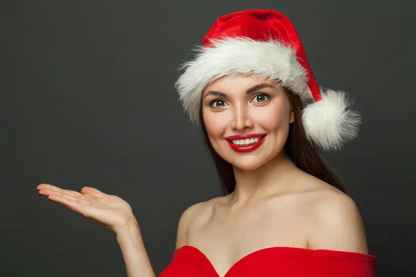 Happy Woman Santa Holding Empty Open Hand Black Christmas Holiday — Stock Photo, Image