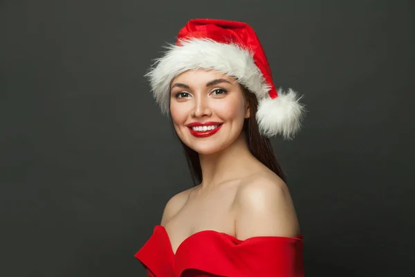 Christmas Woman Santa Hat Smiling Black Background — Stock Photo, Image