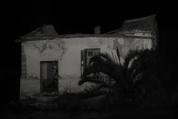 Casa Abandonada Plantas Superpobladas Por Noche Desenfoque Viñeta Blanco Negro — Foto de Stock