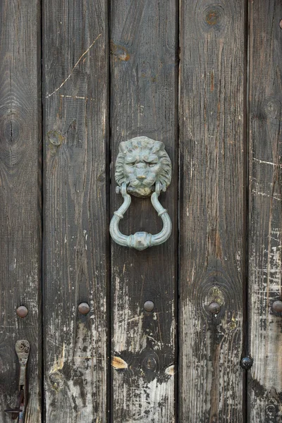 Vintage Lion Head Door Knocker Weathered Wooden Gate Background — Stock Photo, Image