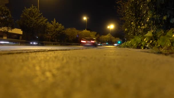 Машины Мчащиеся Автостраде Ночью Низкий Угол Размытия — стоковое видео