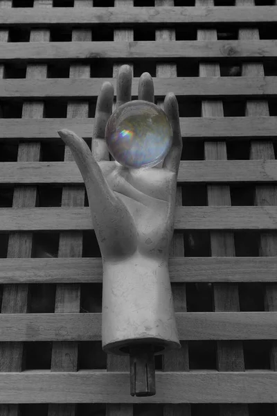 Old Mannequin Doll Hand Holding Crystal Ball Colorful Reflections Visions — Stockfoto