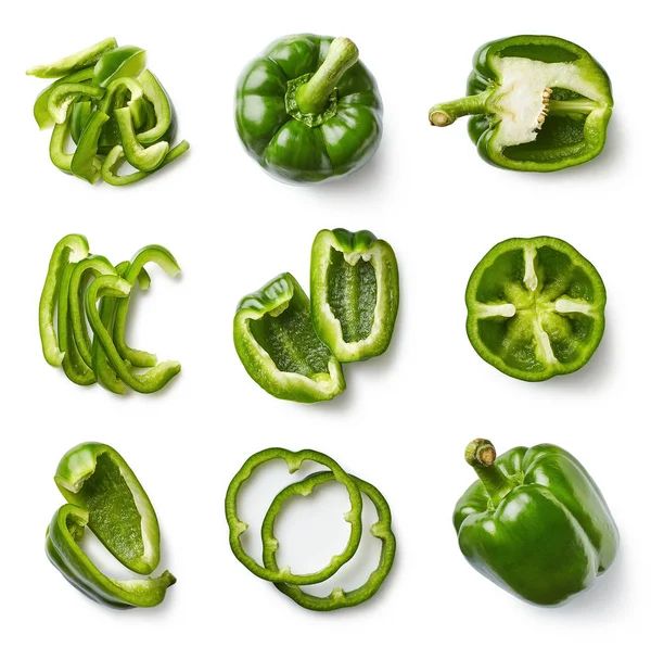 Set Fresh Whole Sliced Sweet Green Pepper Isolated White Background — Stock Photo, Image