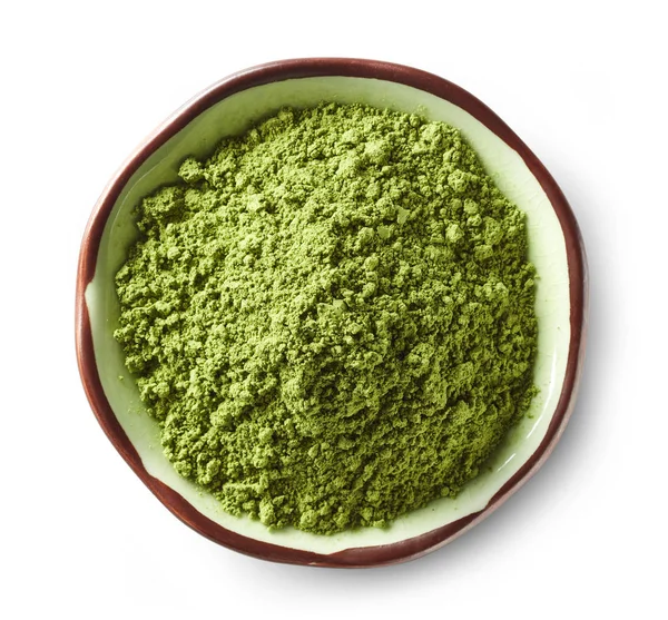 Schüssel Mit Grünem Matcha Teepulver Isoliert Auf Weißem Hintergrund Ansicht — Stockfoto