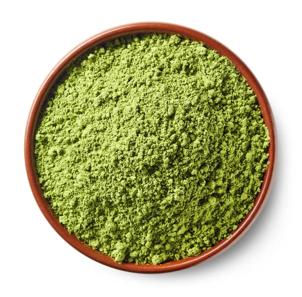 Brun Skål Med Grönt Matcha Pulver Isolerad Vit Bakgrund Ovanifrån — Stockfoto