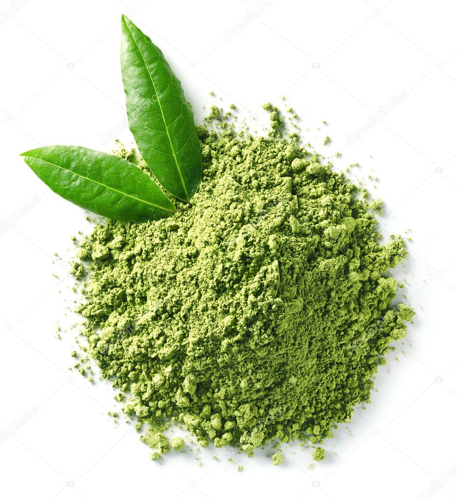Heap of green matcha tea powder and leaves isolated on white background. Top view