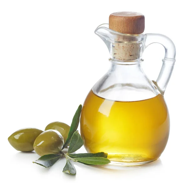 Bottle Fresh Extra Virgin Olive Oil Green Olives Leaves Isolated — Stock Photo, Image