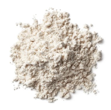 Beyaz arka plan üzerinde izole vanilya protein tozu yığını. Üstten görünüm