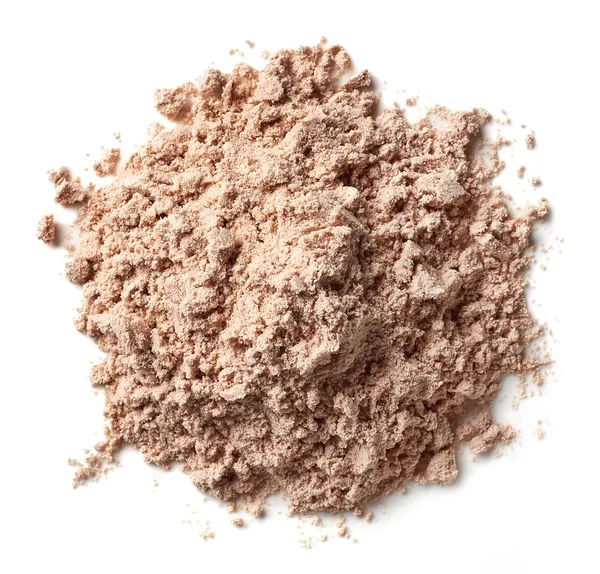 Högen Brun Choklad Proteinpulver Isolerad Vit Bakgrund Ovanifrån — Stockfoto