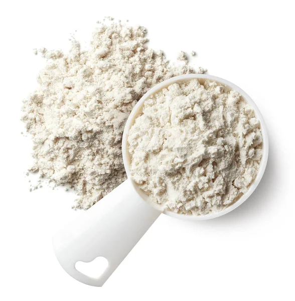 Plastic Measuring Spoon Heap Vanilla Protein Powder Isolated White Background — Stock Photo, Image