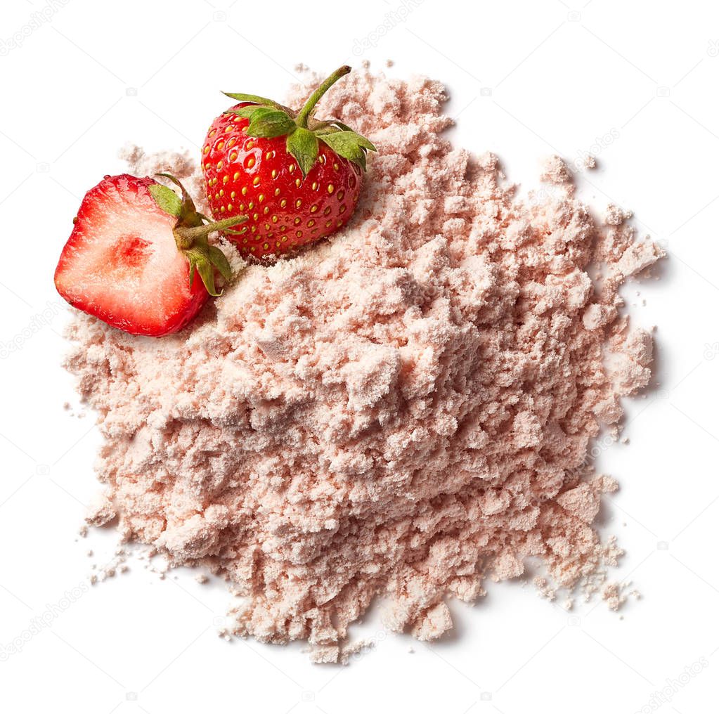 Heap of pink strawberry protein powder isolated on white background. Top view