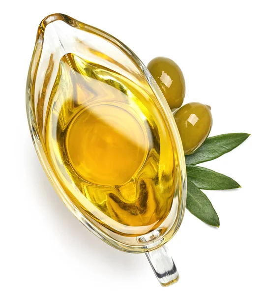 Glas Soße Boot Mit Frischem Nativem Olivenöl Extra Isoliert Auf — Stockfoto