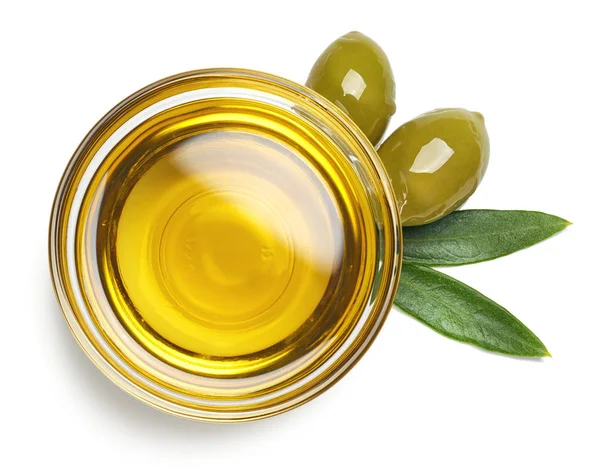 Bol Huile Olive Extra Vierge Fraîche Olives Vertes Avec Des — Photo
