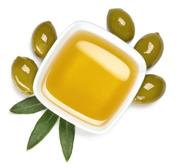 Schüssel Mit Frischem Nativem Olivenöl Extra Und Grünen Oliven Mit — Stockfoto