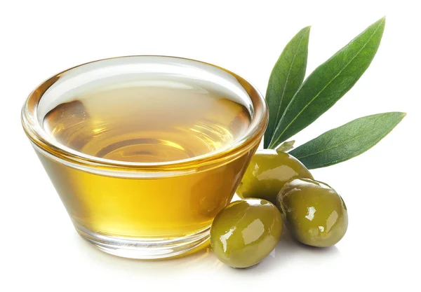 Glasschale Mit Frischem Nativem Olivenöl Extra Und Grünen Oliven Mit — Stockfoto