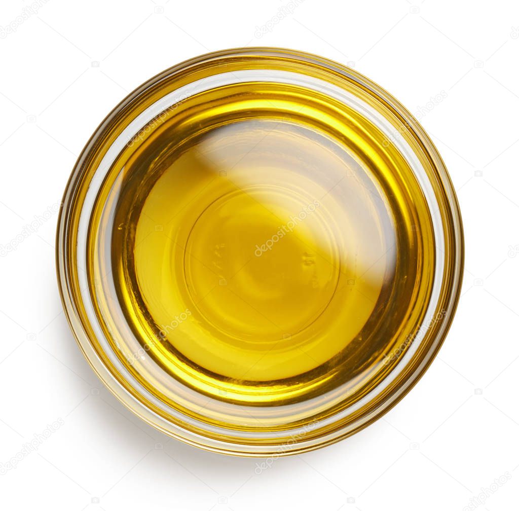 Bowl of fresh extra virgin olive oil isolated on white background. Top view
