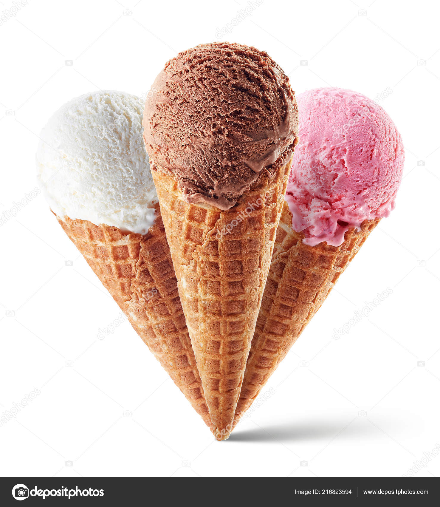 Chocolate Strawberry Vanilla Ice Cream Cone Blue Background Three Different  — Stock Photo © baibaz #216823594, image size:1476x1700