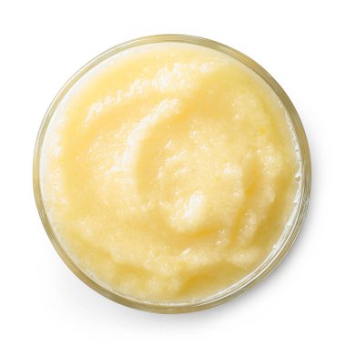 Bir bardak ananas güler yüzlü beyaz arka plan üzerinde izole. Üstten görünüm