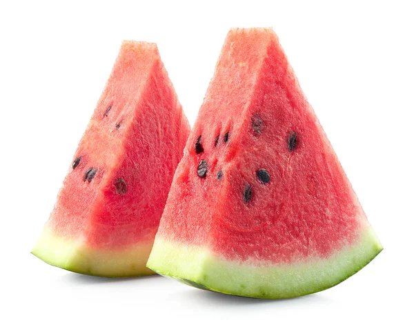Twee Segmenten Van Rijp Watermeloen Geïsoleerd Witte Achtergrond — Stockfoto