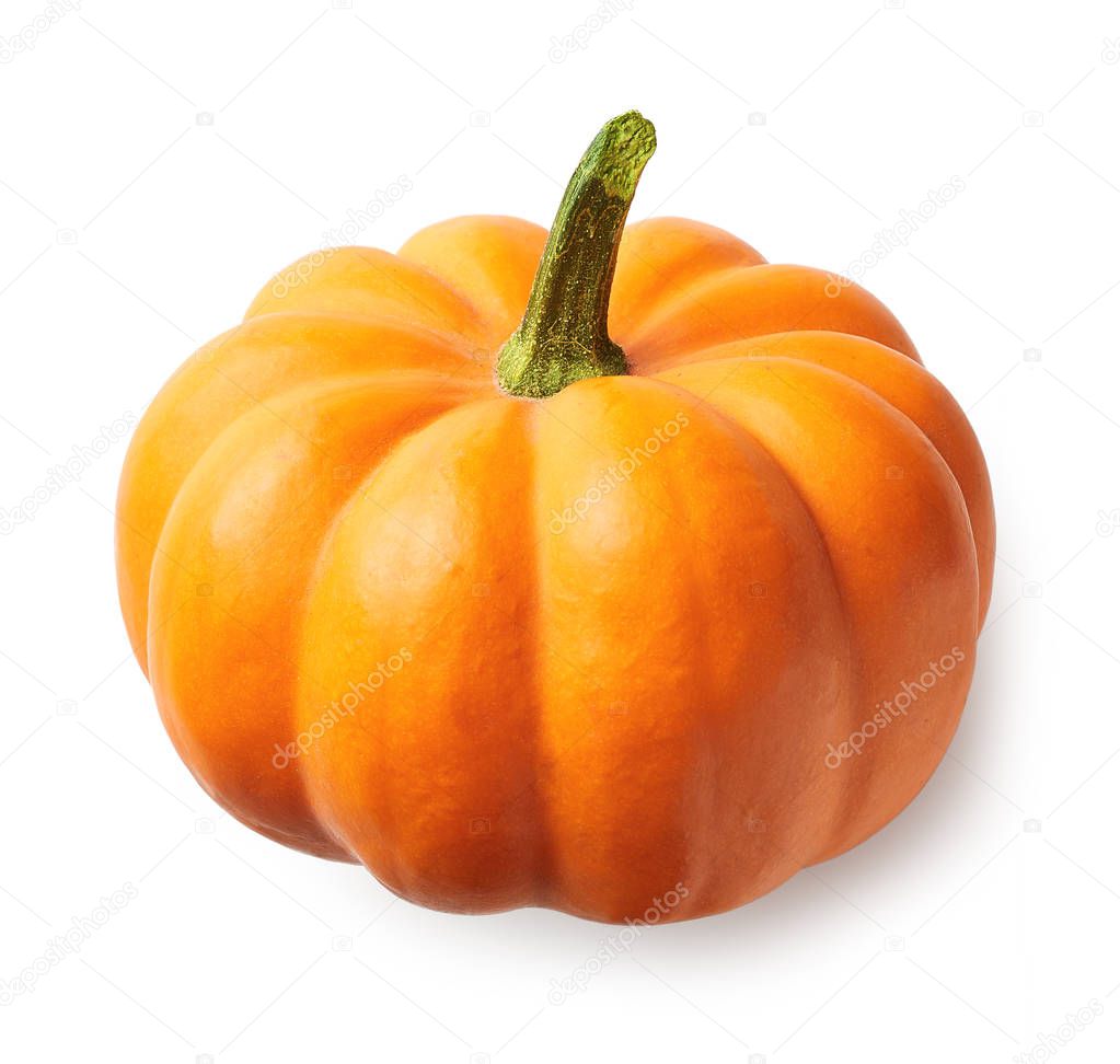 Fresh orange pumpkin isolated on white background. Top view