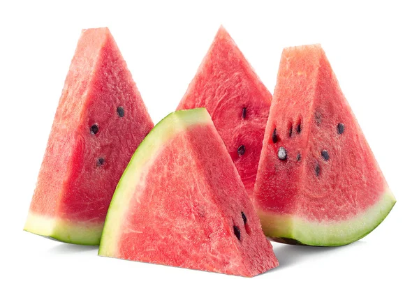 Vier Sneetjes Rijp Watermeloen Geïsoleerd Witte Achtergrond — Stockfoto