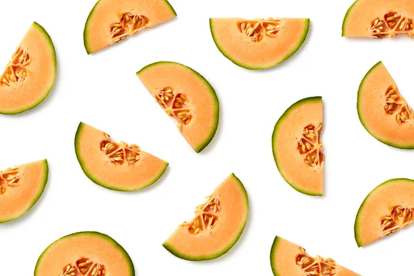 Fruit Patroon Van Meloen Segmenten Geïsoleerd Een Witte Achtergrond Bovenaanzicht — Stockfoto
