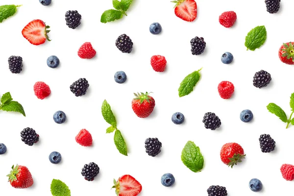 Fruit Patroon Van Kleurrijke Bessen Muntblaadjes Geïsoleerd Een Witte Achtergrond — Stockfoto