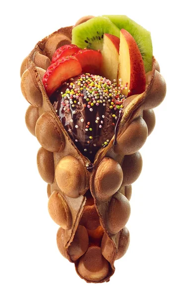 Gaufre Hong Kong Bulle Avec Crème Glacée Chocolat Fruits Isolés — Photo