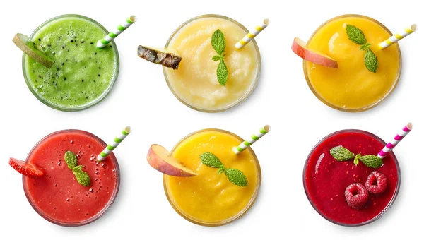 Uppsättning av olika färska frukt smoothies — Stockfoto