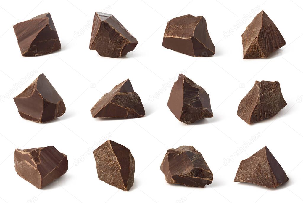 Set of broken dark chocolate pieces isolated on white background