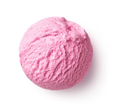 Tek bir pembe çilekli dondurma kepçesi ya da beyaz arka planda izole edilmiş bir top. Üst görünüm