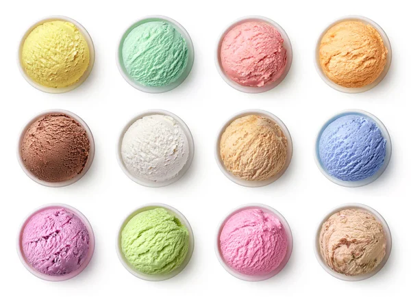 Set Palline Gelato Diversi Colori Sapori Isolati Sfondo Bianco Vista — Foto Stock