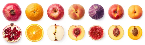 Set Van Verse Hele Gesneden Fruit Helften Geïsoleerd Witte Achtergrond — Stockfoto