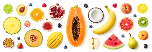 白い背景に隔離されたさまざまな果物や果実のセット トップビュー フラットレイ — ストック写真
