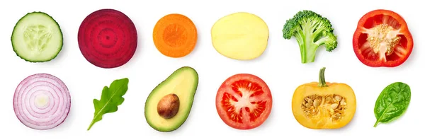 Sada Různých Čerstvých Zeleninových Plátků Izolovaných Bílém Pozadí Horní Pohled — Stock fotografie
