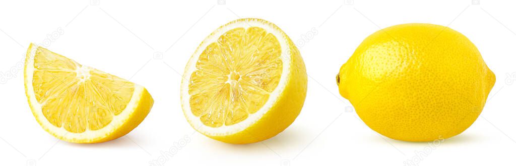 Set of whole, half and slice of lemon fruit isolated on white background, yellow ripe citrus
