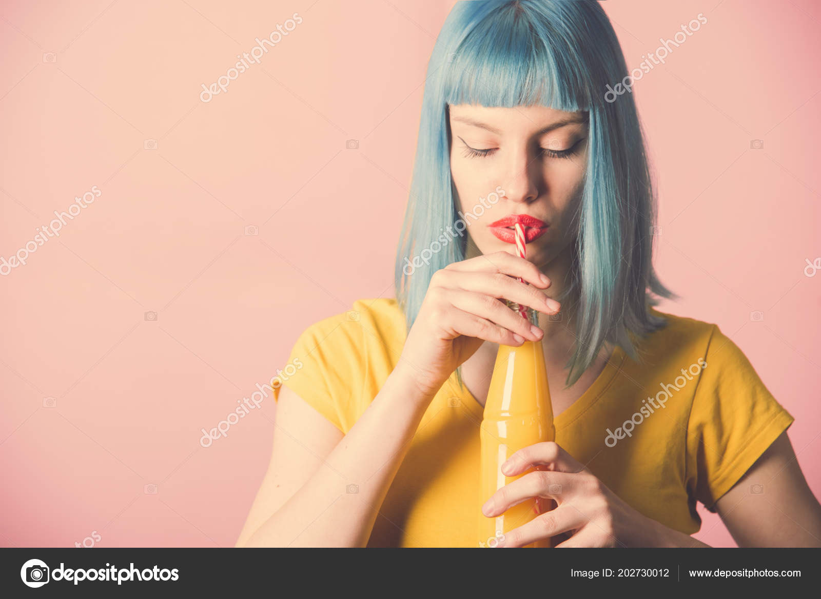 Closeup Studio Portrait Hipster Young Woman Red Lipstick Blue Dyed
